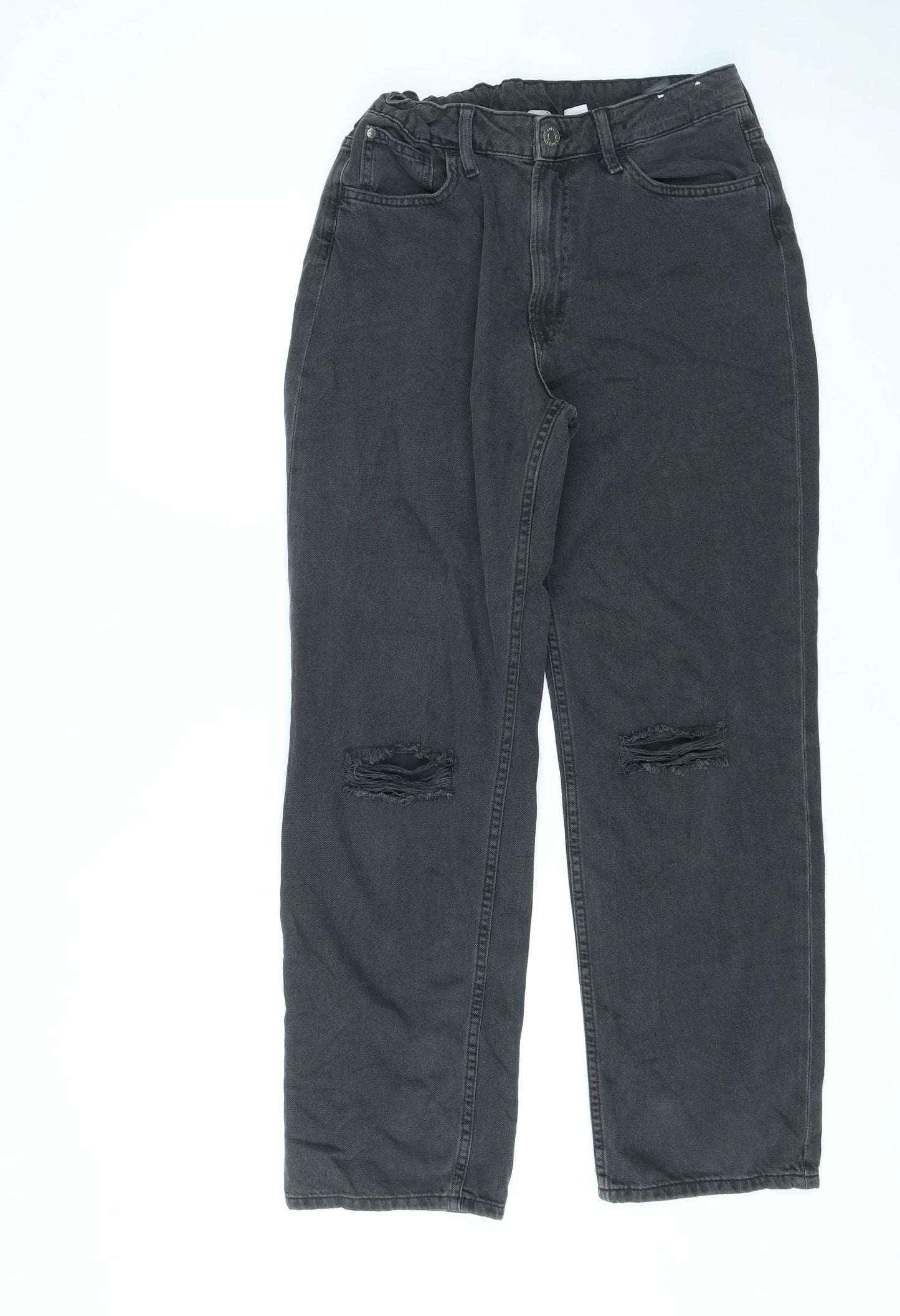 H&M Girls Black Cotton Straight Jeans Size 14 Years L28 in Regular Zip - Adjustable Waist, Distressed