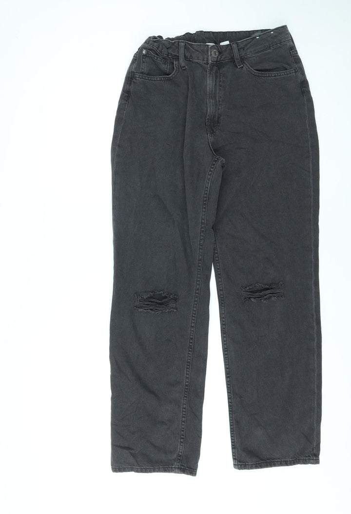 H&M Girls Black Cotton Straight Jeans Size 14 Years L28 in Regular Zip - Adjustable Waist, Distressed