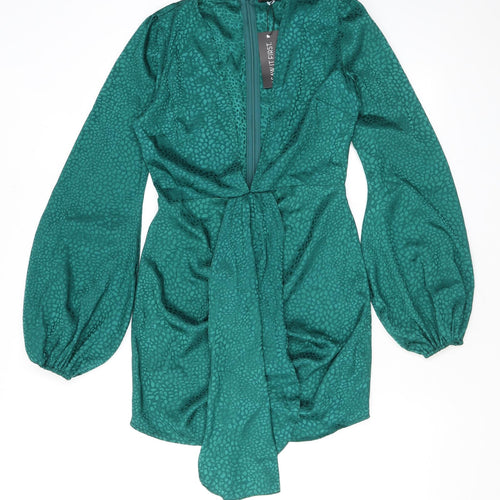 I SAW IT FIRST Womens Green Animal Print Polyester Mini Size 10 V-Neck Zip - Croc print, Balloon sleeves