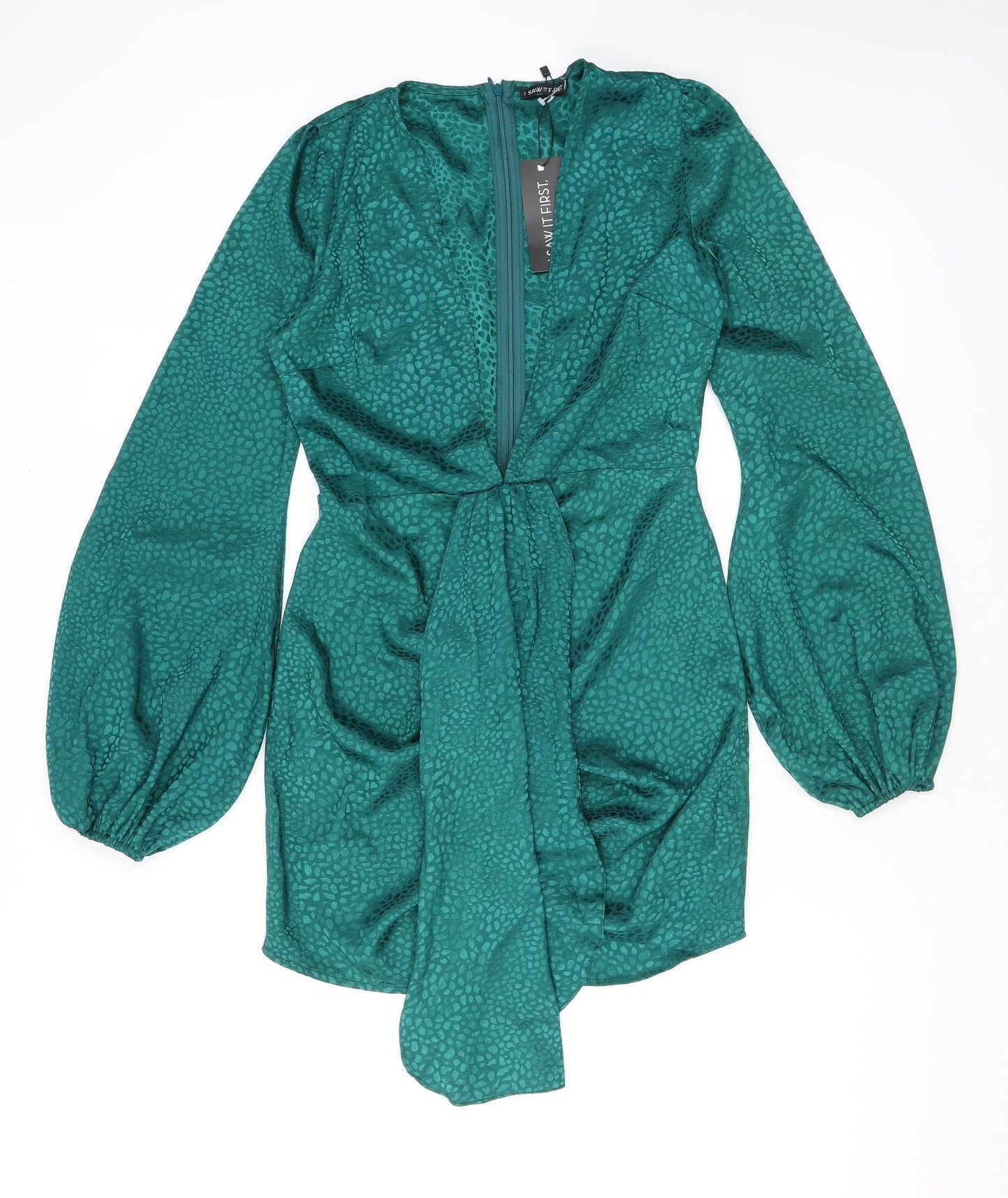 I SAW IT FIRST Womens Green Animal Print Polyester Mini Size 10 V-Neck Zip - Croc print, Balloon sleeves