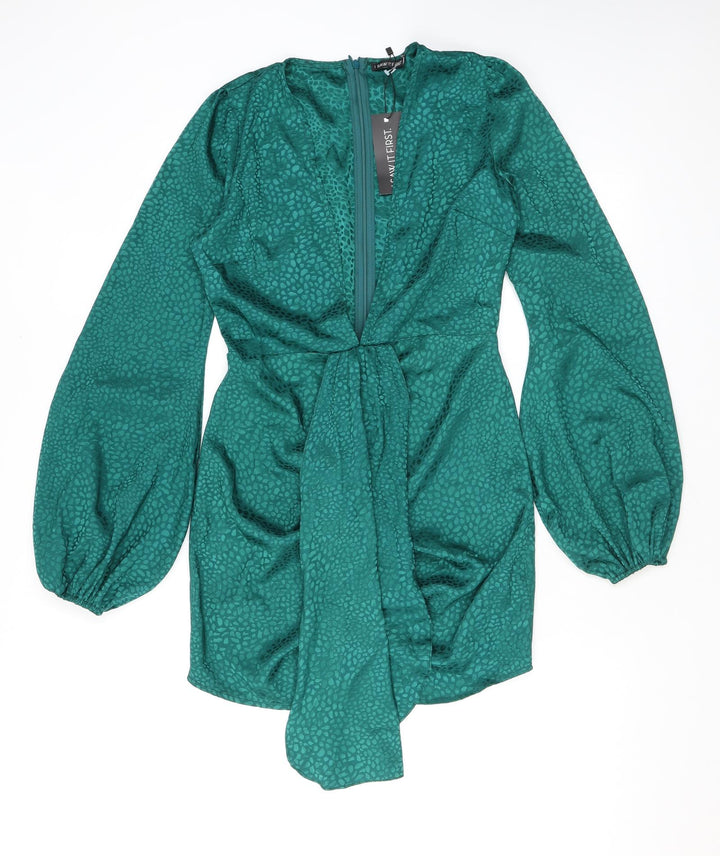 I SAW IT FIRST Womens Green Animal Print Polyester Mini Size 10 V-Neck Zip - Croc print, Balloon sleeves