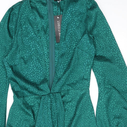 I SAW IT FIRST Womens Green Animal Print Polyester Mini Size 10 V-Neck Zip - Croc print, Balloon sleeves
