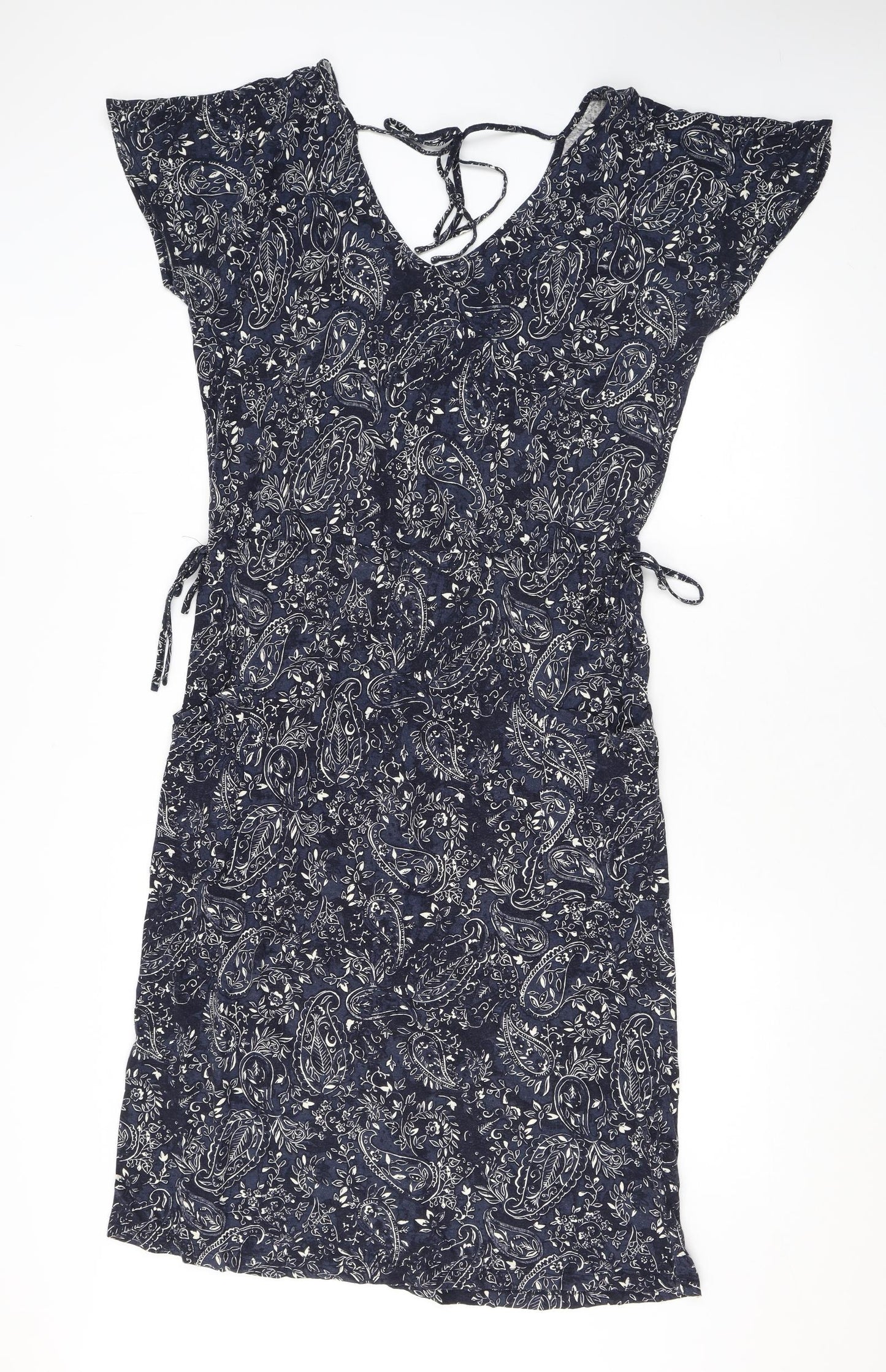 NEXT Womens Blue Paisley Cotton Maxi Size 14 V-Neck Pullover - Pockets