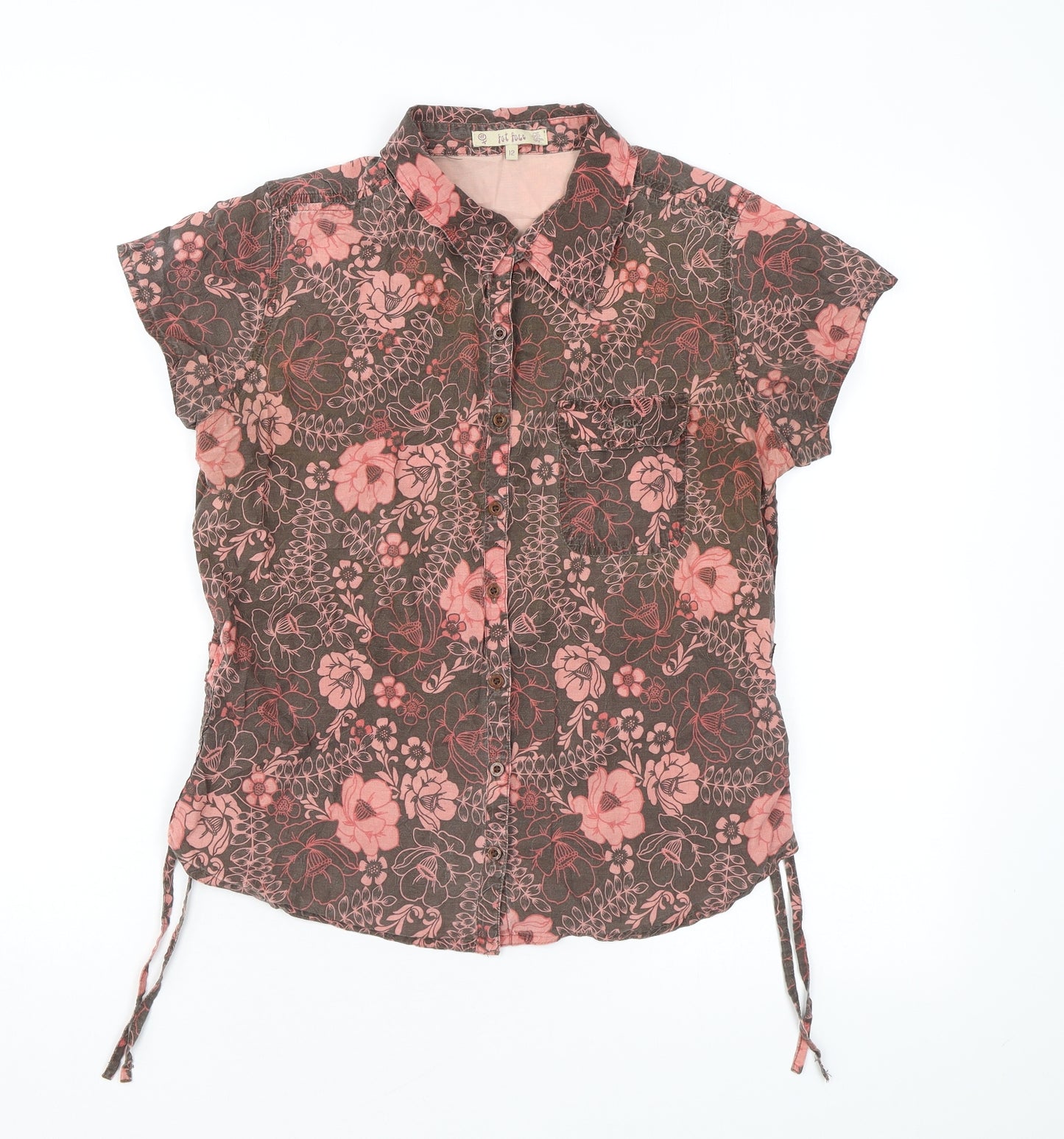 Fat Face Womens Brown Floral Cotton Basic Button-Up Size 12 Collared