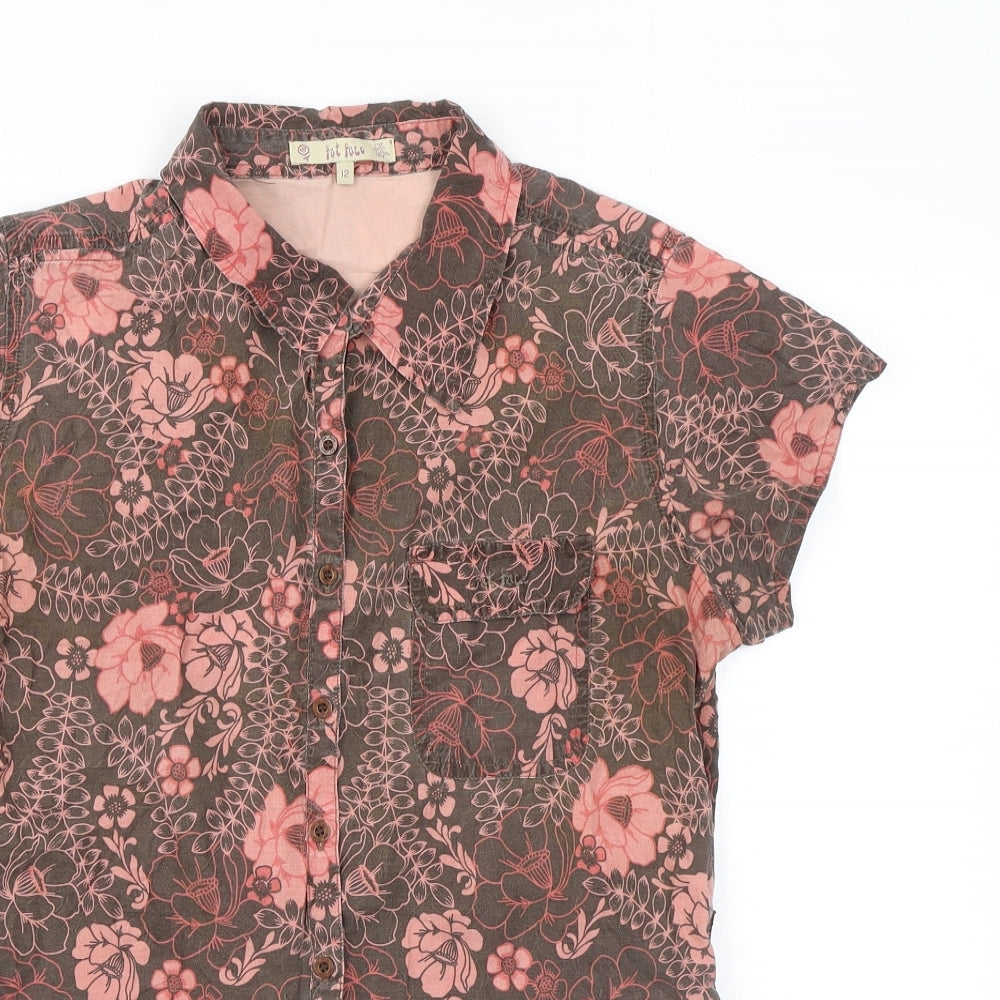 Fat Face Womens Brown Floral Cotton Basic Button-Up Size 12 Collared