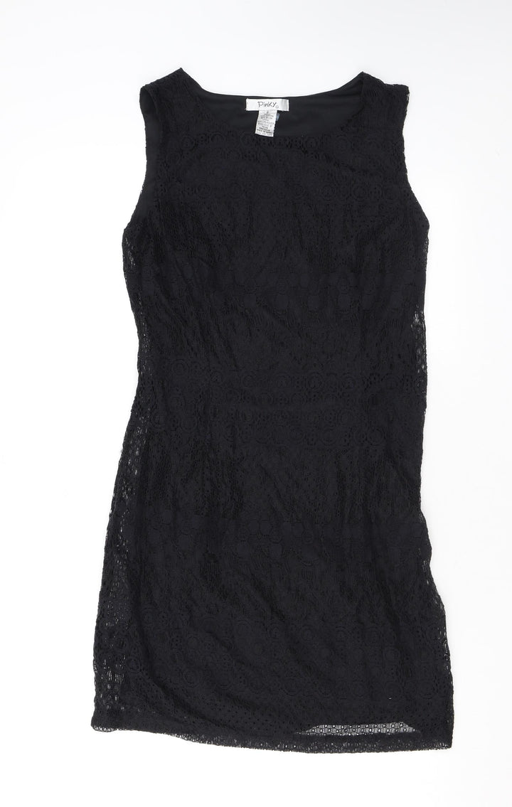 Pinky Womens Black Geometric Cotton Pencil Dress Size S Boat Neck Pullover - Lace