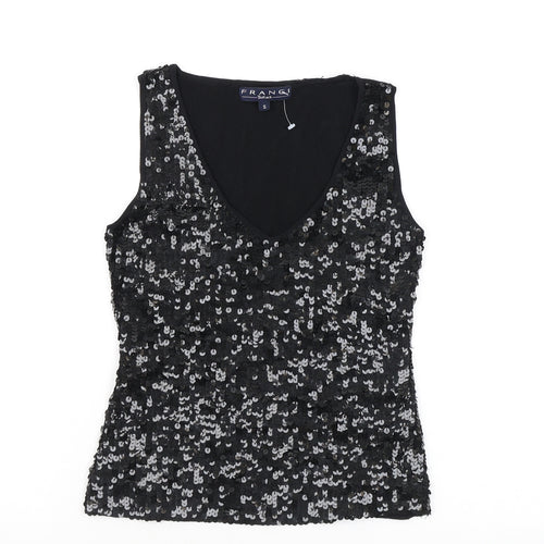 Frang Womens Black Polyester Basic Tank Size S V-Neck - Sequins