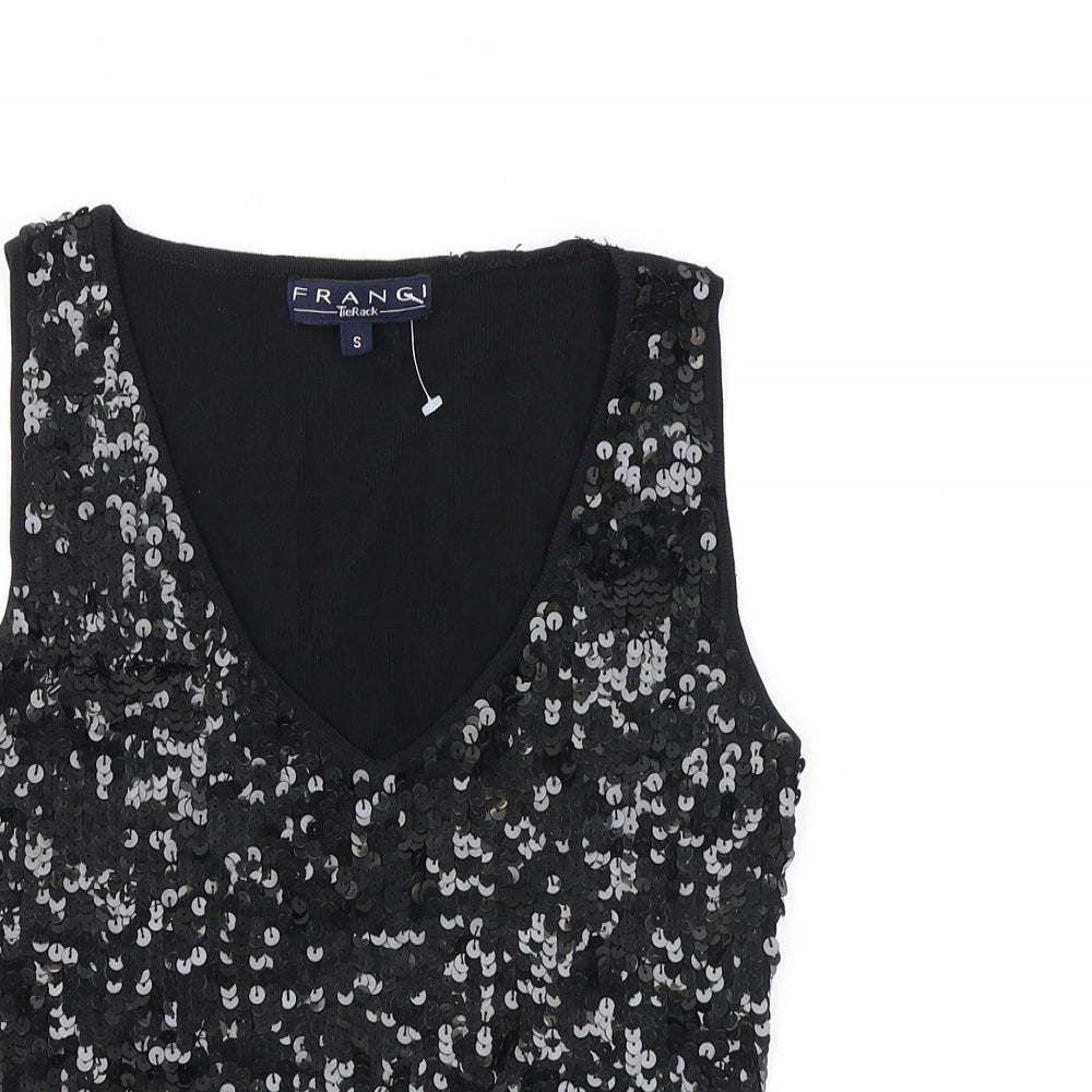 Frang Womens Black Polyester Basic Tank Size S V-Neck - Sequins