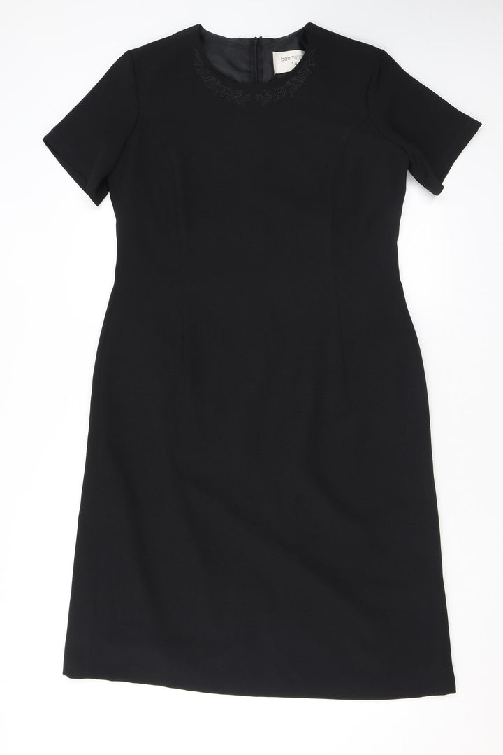 Bonmarché Womens Black Polyester Pencil Dress Size 14 Scoop Neck Zip - Embroidery