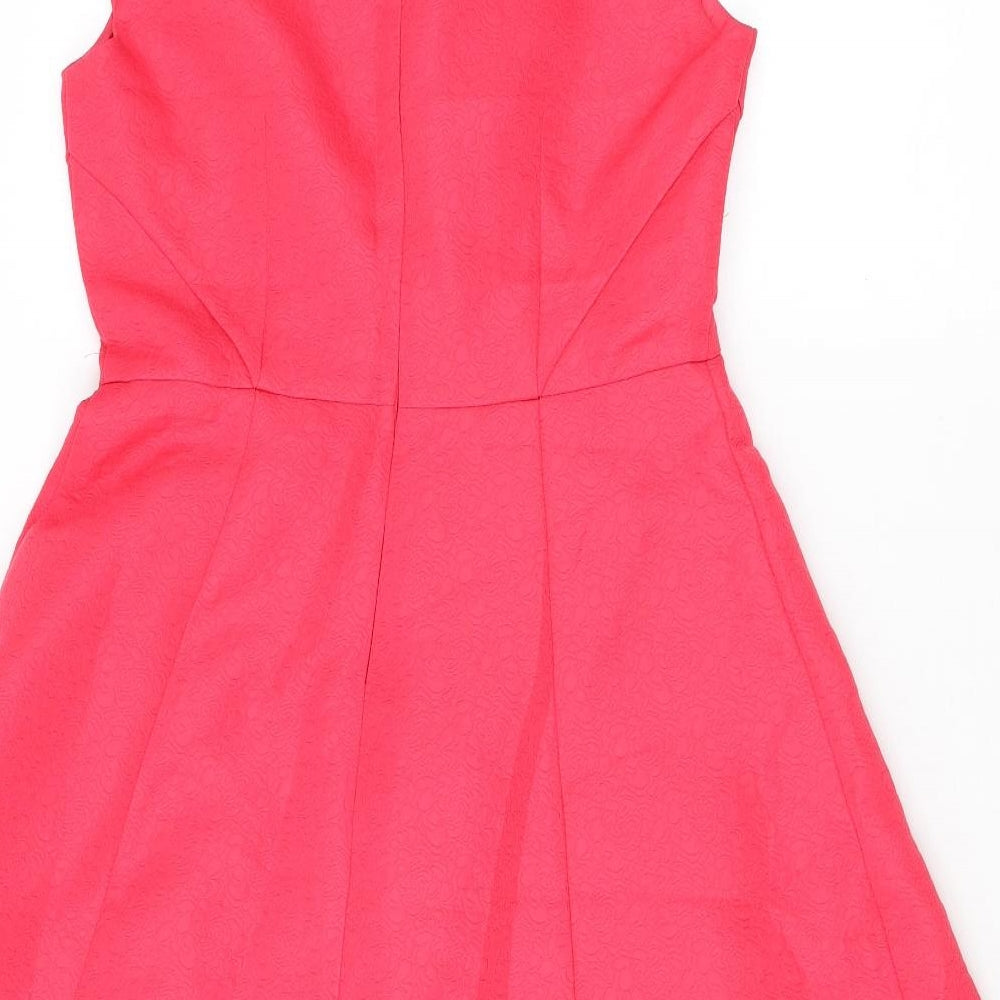 Oasis Womens Pink Floral Polyester Skater Dress Size 10 V-Neck Zip