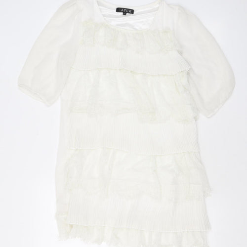 Layla Womens White Polyester A-Line Size S Scoop Neck Pullover - Lace, Ruffles