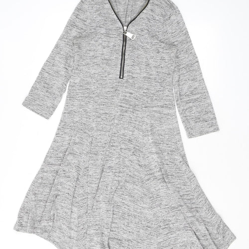 New Look Womens Grey Viscose Skater Dress Size 12 V-Neck Zip