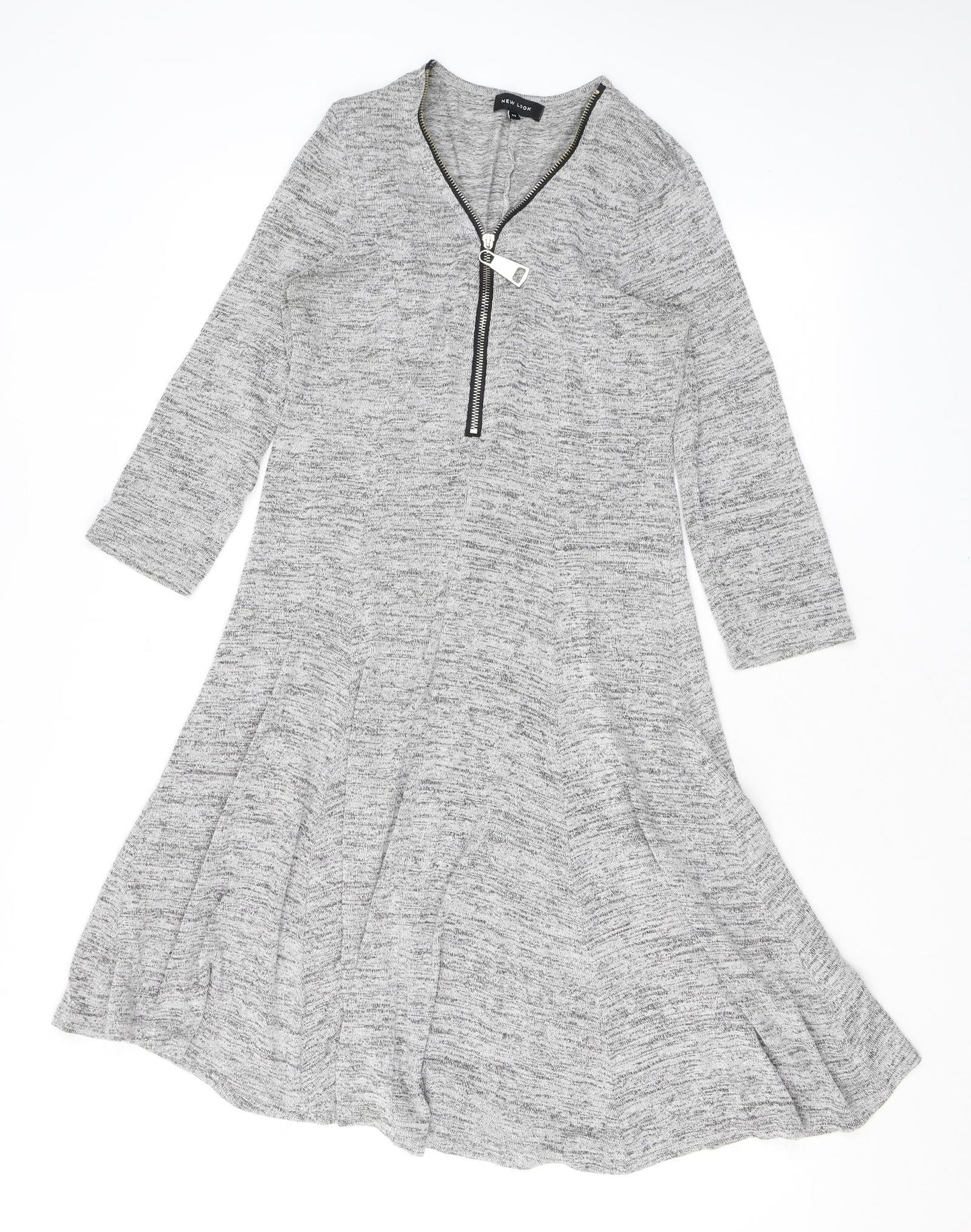New Look Womens Grey Viscose Skater Dress Size 12 V-Neck Zip
