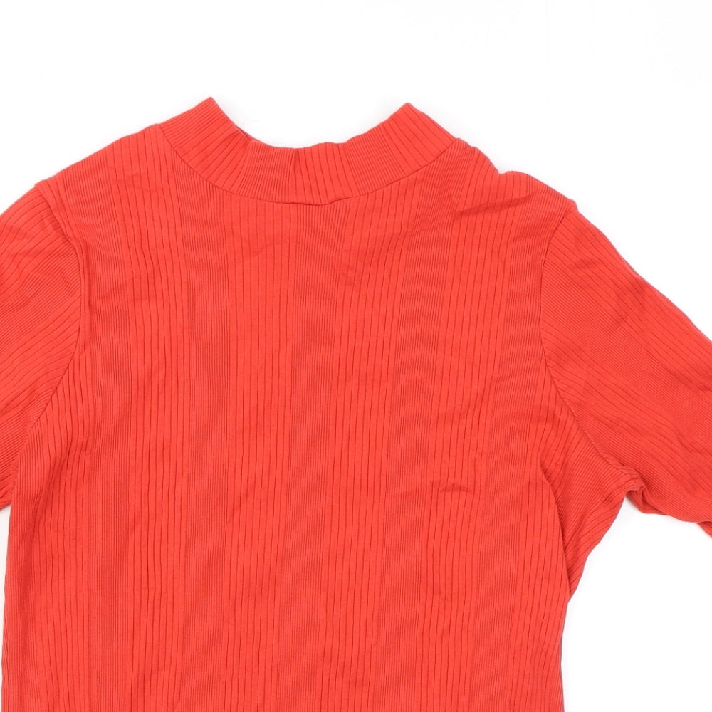 Marks and Spencer Womens Red Striped Cotton Basic T-Shirt Size 16 Mock Neck