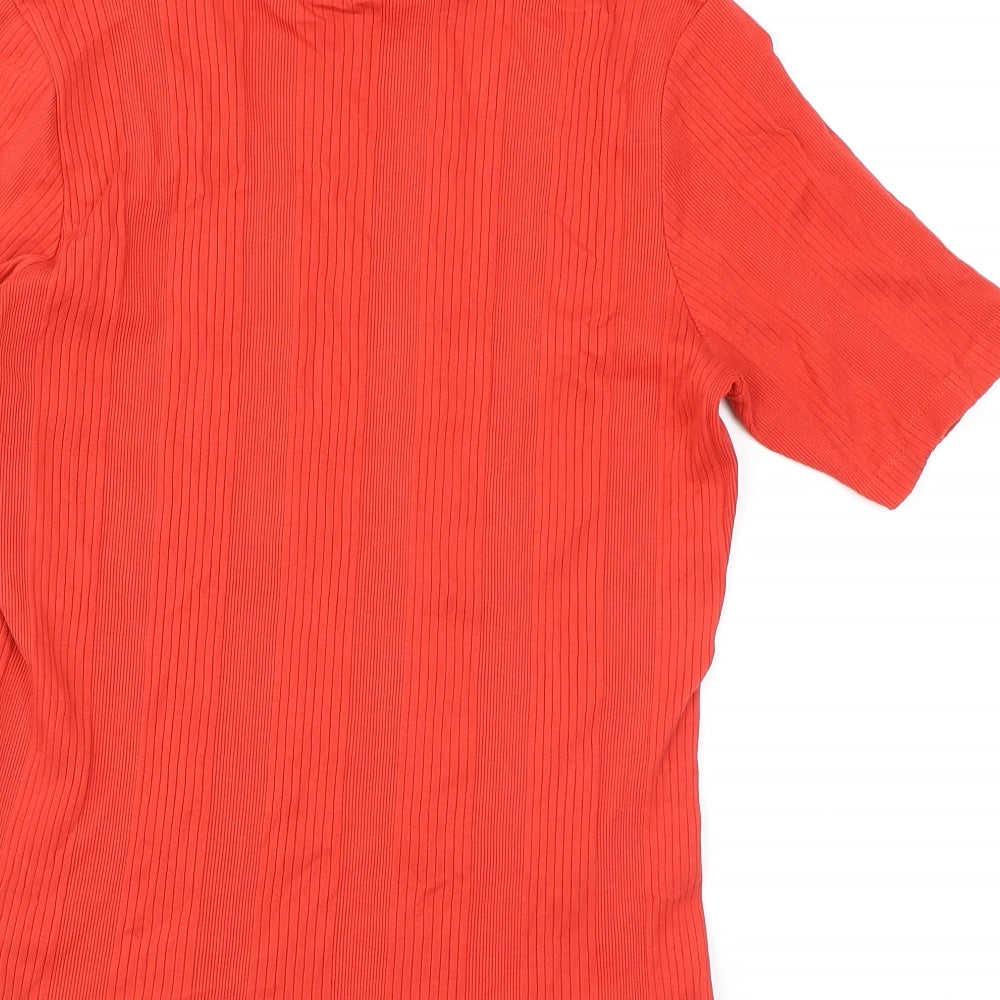 Marks and Spencer Womens Red Striped Cotton Basic T-Shirt Size 16 Mock Neck