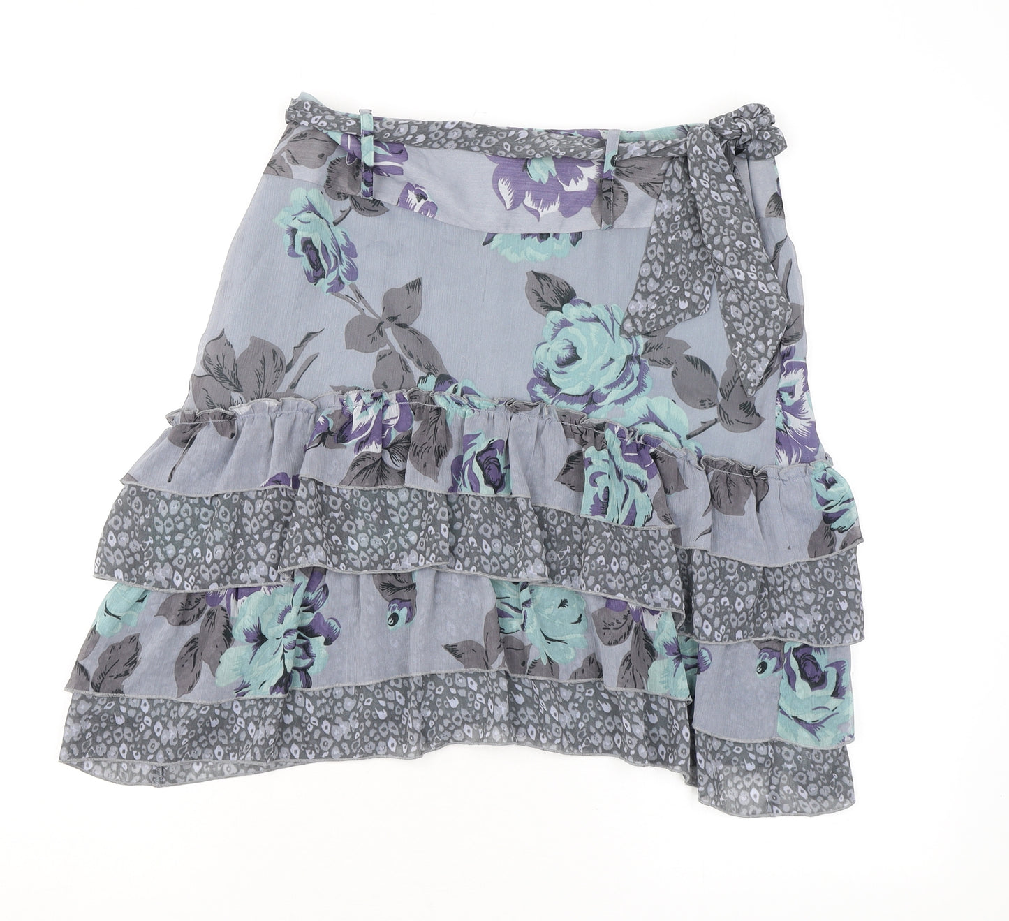 NEXT Womens Grey Floral Polyester A-Line Skirt Size 10 Zip - Ruffles