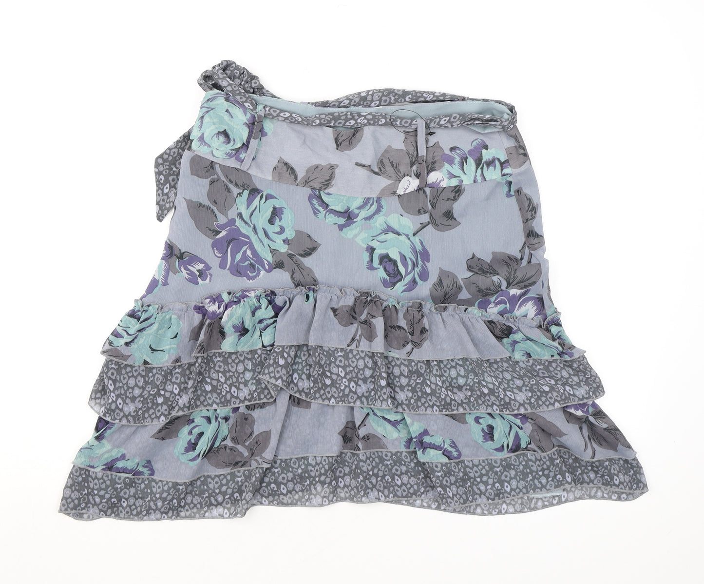 NEXT Womens Grey Floral Polyester A-Line Skirt Size 10 Zip - Ruffles