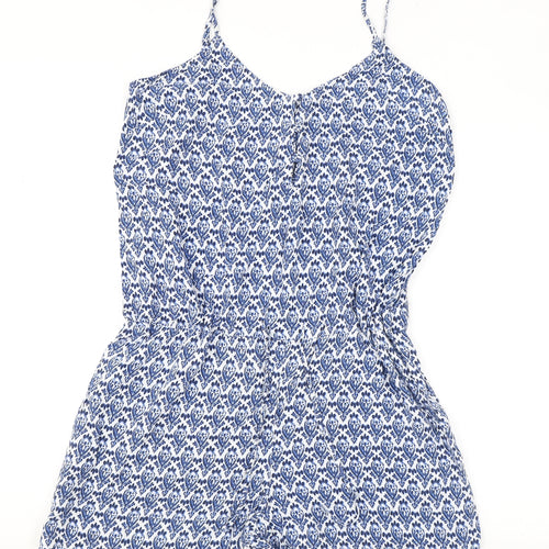 Marks and Spencer Womens Blue Geometric Viscose Playsuit One-Piece Size 16 Drawstring