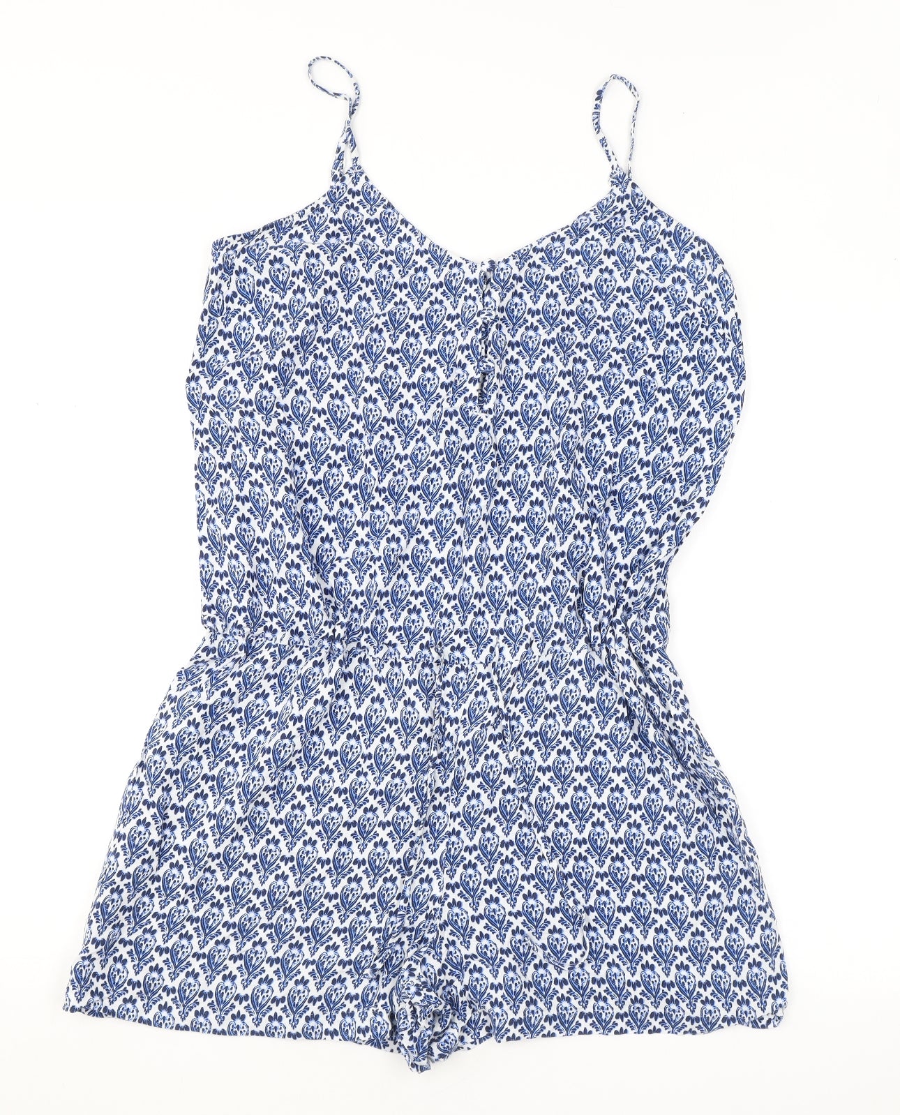 Marks and Spencer Womens Blue Geometric Viscose Playsuit One-Piece Size 16 Drawstring