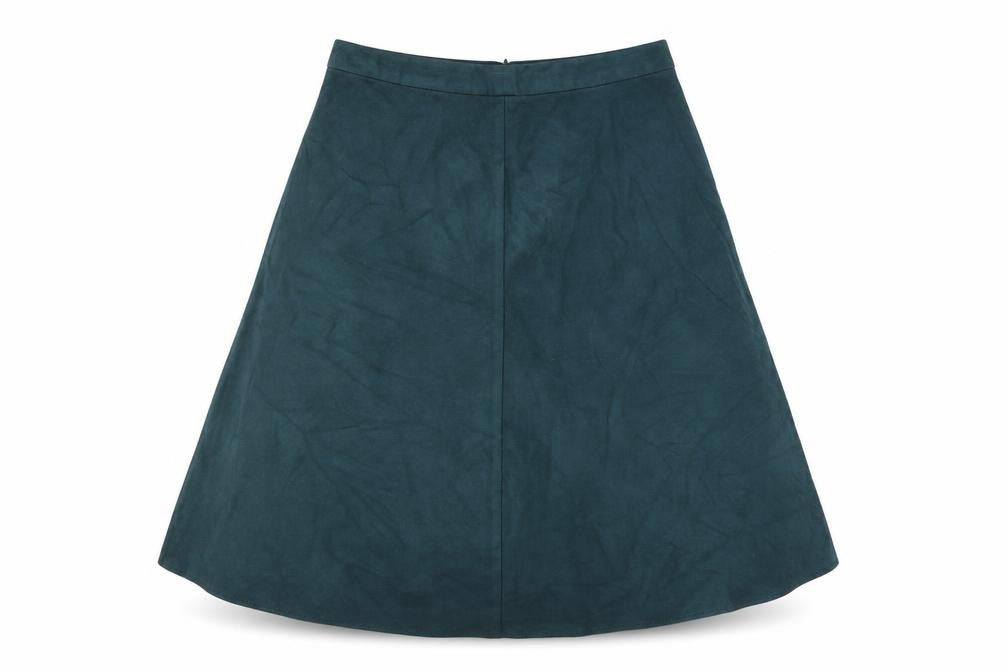 Front view of Marks & Spencer women’s green polyester swing skirt, size UK 14, zip