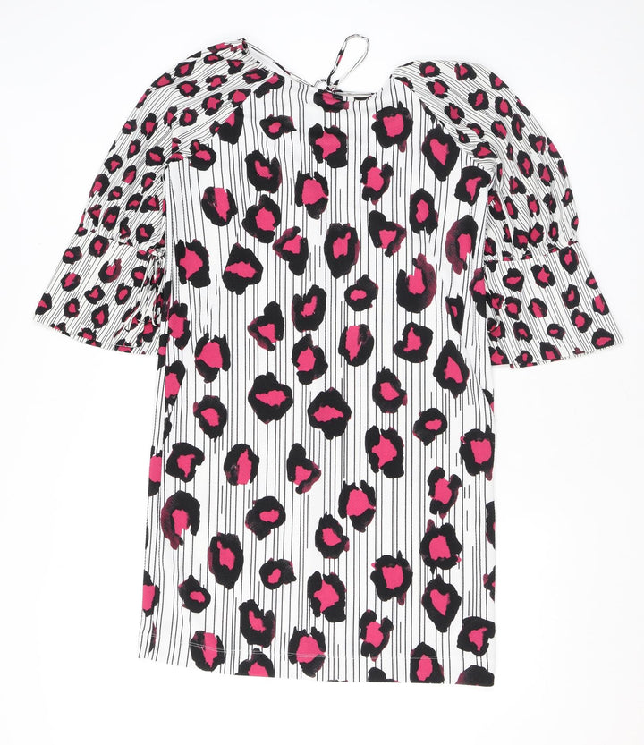 NEXT Womens Pink Animal Print Polyester T-Shirt Dress Size 10 Round Neck Tie