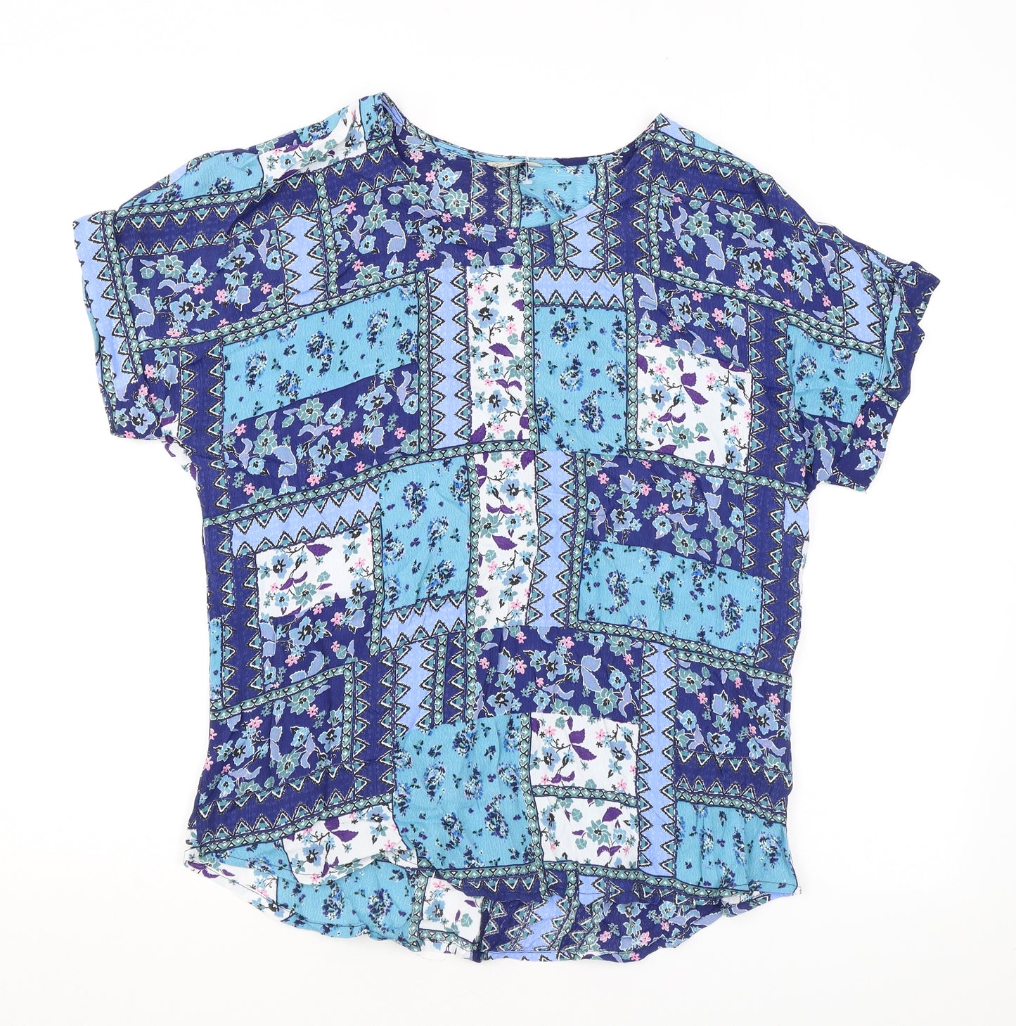 Spirit Womens Blue Geometric Viscose Basic T-Shirt Size 14 Round Neck