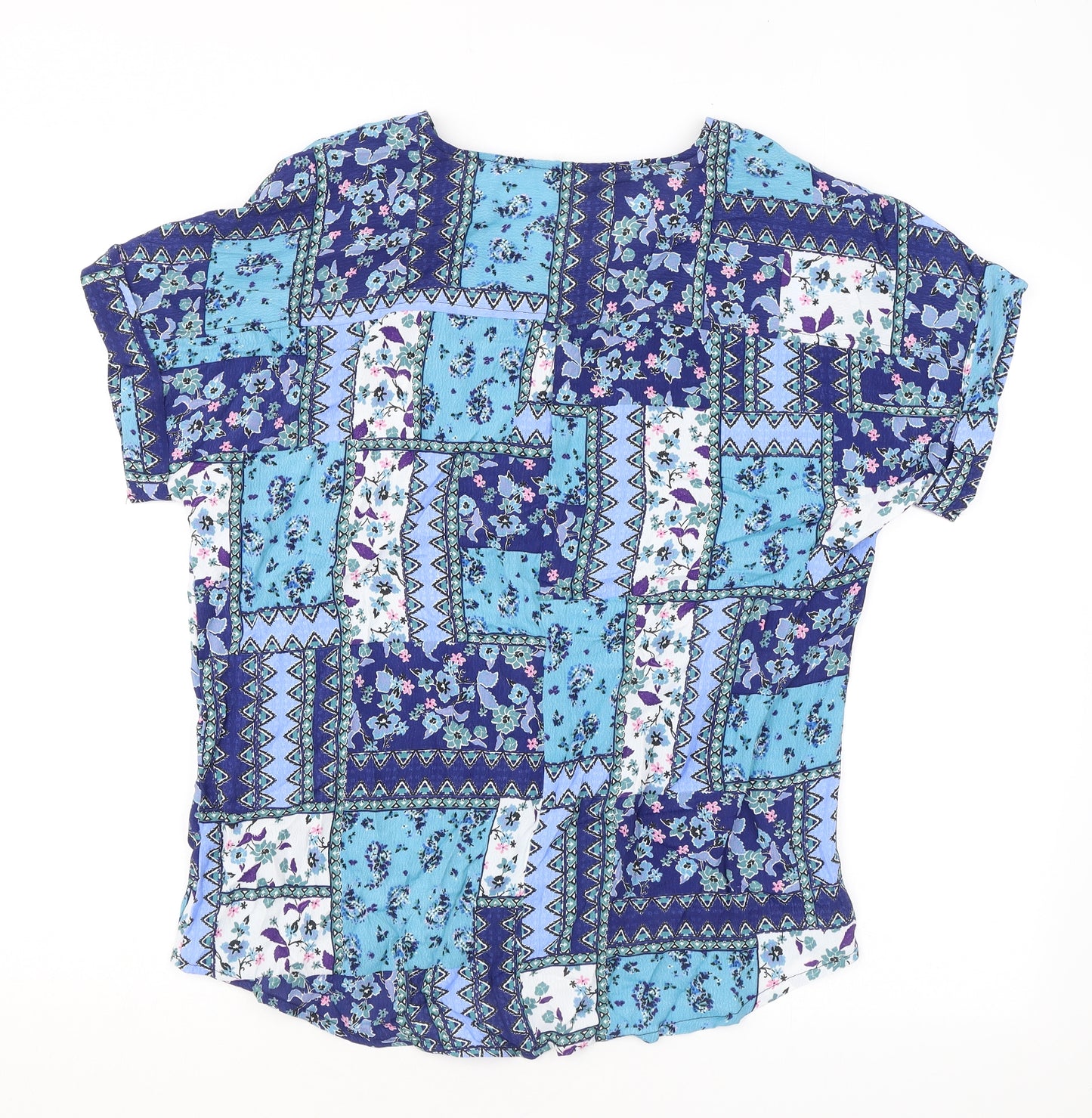 Spirit Womens Blue Geometric Viscose Basic T-Shirt Size 14 Round Neck