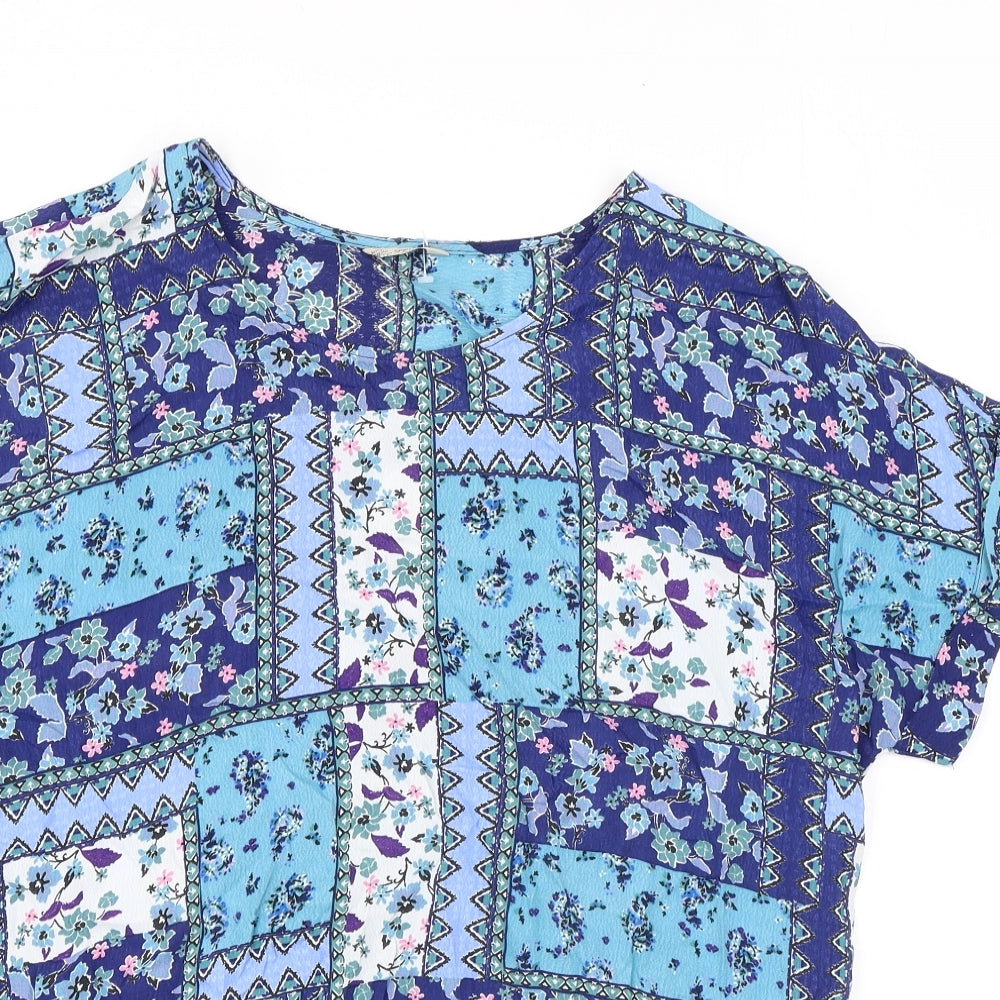 Spirit Womens Blue Geometric Viscose Basic T-Shirt Size 14 Round Neck