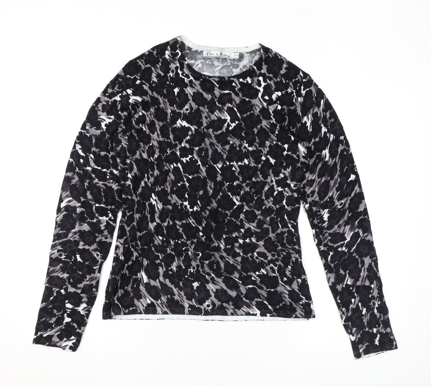 Pure & Natural Womens Black Animal Print Viscose Basic Blouse Size 14 Round Neck - Leopard Print