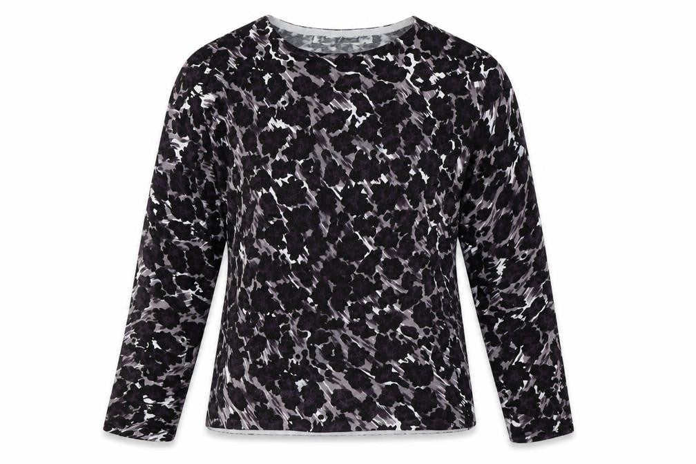 Front view of Pure & Natural women’s black animal print viscose basic blouse, size UK 14, round neck - leopard print