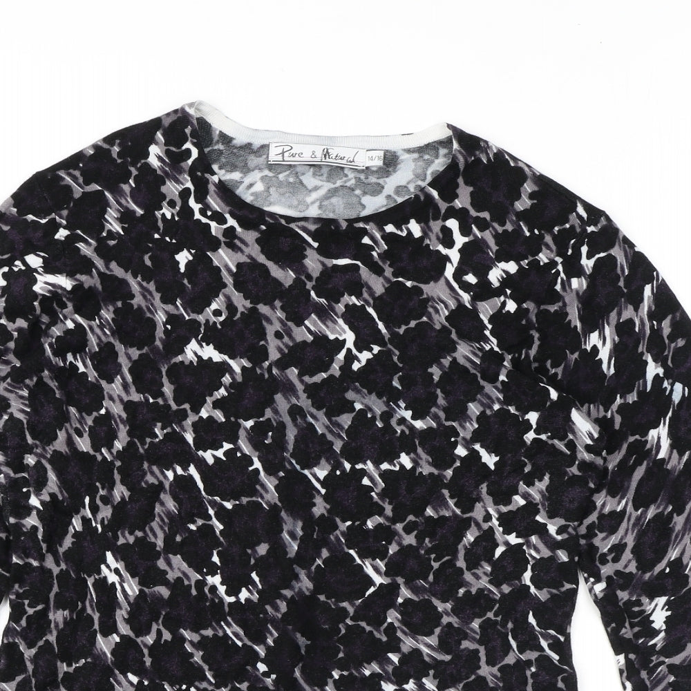 Pure & Natural Womens Black Animal Print Viscose Basic Blouse Size 14 Round Neck - Leopard Print