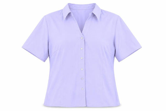 Front view of Bonmarché women’s purple polyester basic button-up, size UK 14, collared