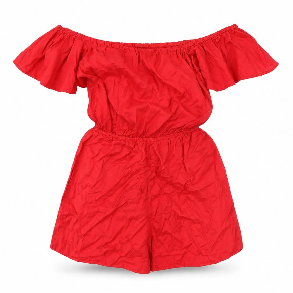 Front view of Divided by H&M women’s red viscose playsuit one-piece, size UK 6, 3-inch leg pullover
