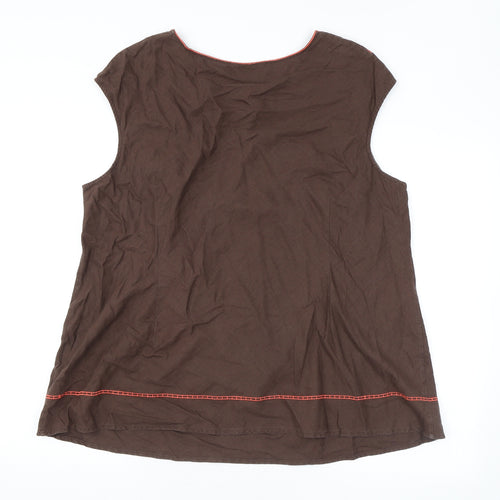 Marks and Spencer Womens Brown Floral Linen Basic Blouse Size 22 Round Neck - Embroidery