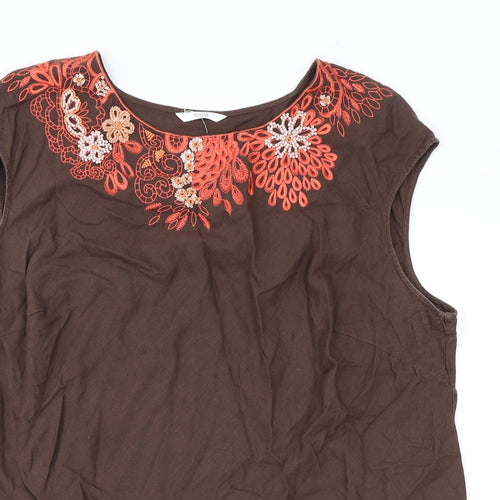 Marks and Spencer Womens Brown Floral Linen Basic Blouse Size 22 Round Neck - Embroidery