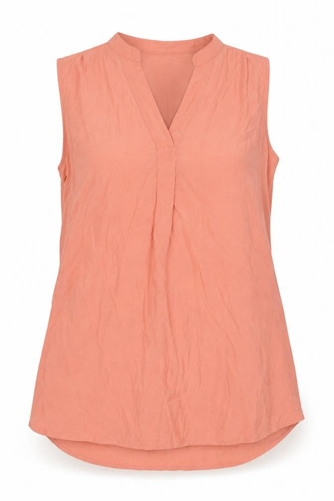 Front view of Marks & Spencer women’s pink viscose basic blouse, size UK 12, v-neck