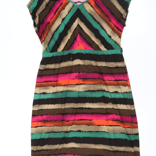 109F Womens Multicoloured Striped Polyester A-Line Size L V-Neck Pullover