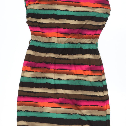 109F Womens Multicoloured Striped Polyester A-Line Size L V-Neck Pullover