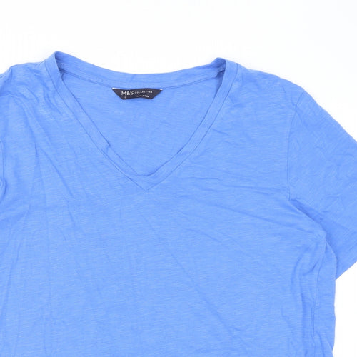 Marks and Spencer Womens Blue Cotton Basic T-Shirt Size 12 V-Neck