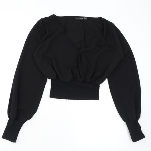 PRETTYLITTLETHING Womens Black Polyester Cropped Blouse Size 8 V-Neck