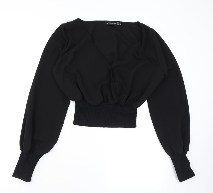 PRETTYLITTLETHING Womens Black Polyester Cropped Blouse Size 8 V-Neck
