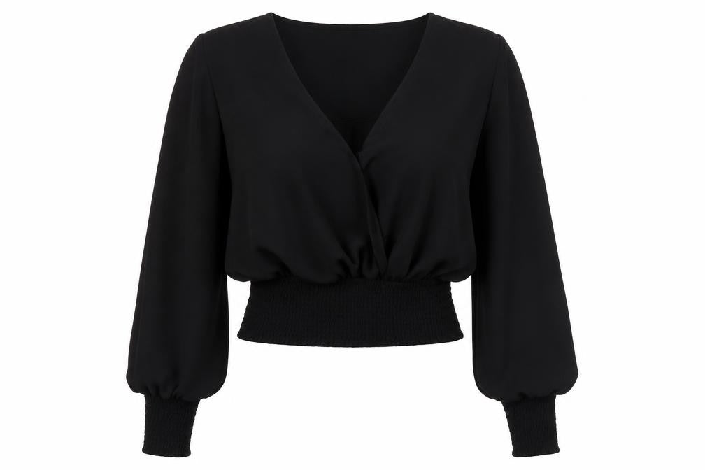 Front view of PRETTYLITTLETHING women’s black polyester cropped blouse, size UK 8, v-neck