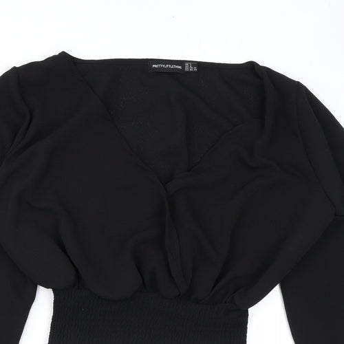 PRETTYLITTLETHING Womens Black Polyester Cropped Blouse Size 8 V-Neck