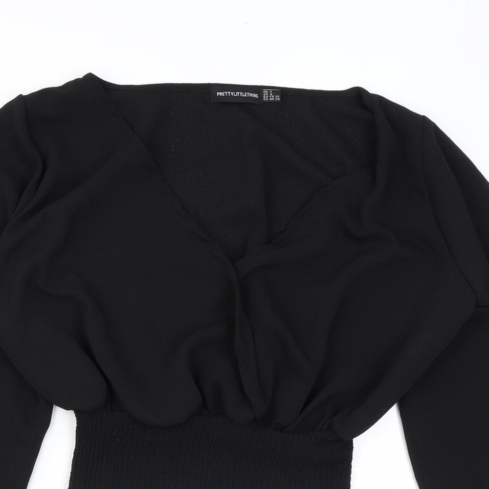 PRETTYLITTLETHING Womens Black Polyester Cropped Blouse Size 8 V-Neck
