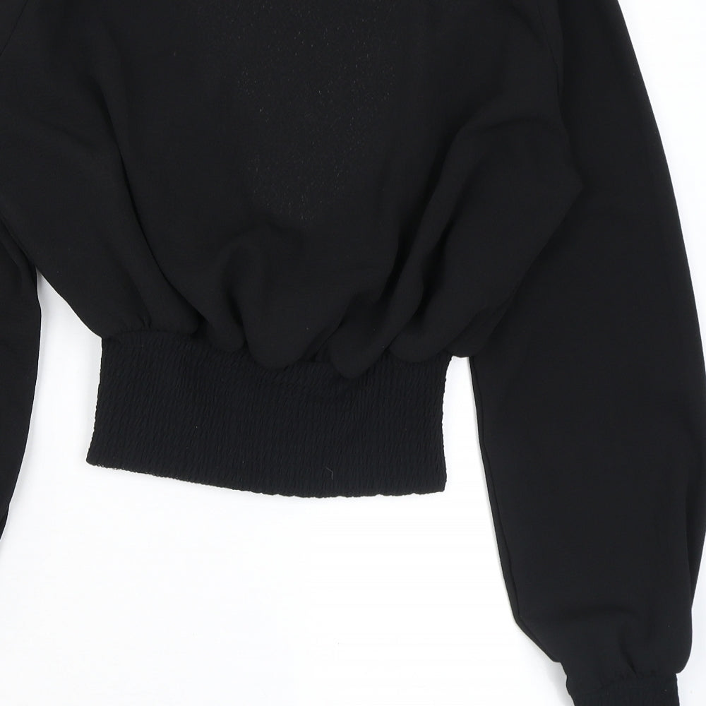 PRETTYLITTLETHING Womens Black Polyester Cropped Blouse Size 8 V-Neck