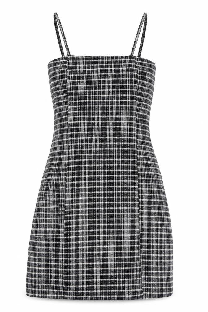 Front view of Topshop women’s brown check polyester bodycon, size UK 8, square neck zip
