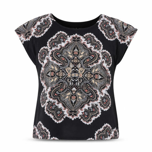 Front view of Select women’s multicoloured paisley polyester basic t-shirt, size UK 6, round neck