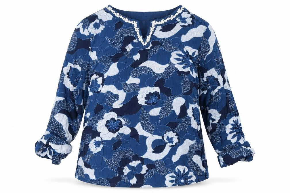 Front view of TIGI women’s blue geometric polyester tunic blouse, size UK 10, v-neck