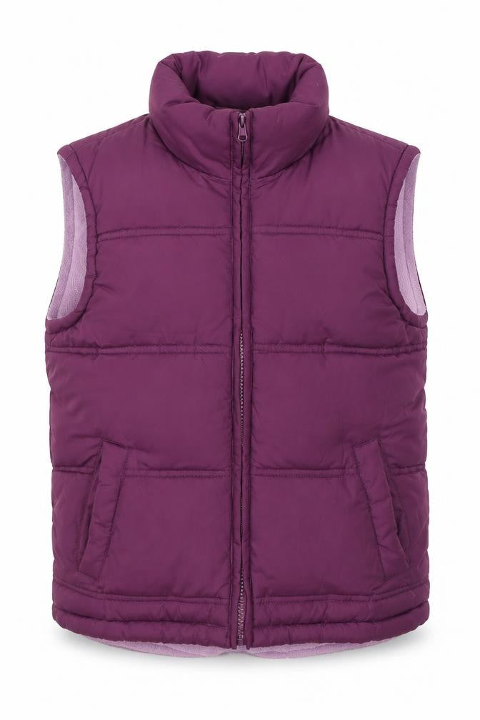 Front view of Brotes women’s purple gilet coat, size UK 14, zip