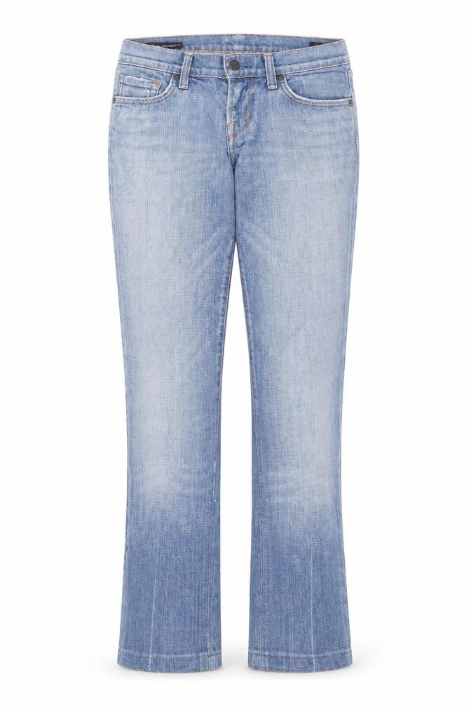 Front view of Jerome Dahan women’s blue cotton bootcut jeans, size UK 28, in, 27-inch leg regular zip